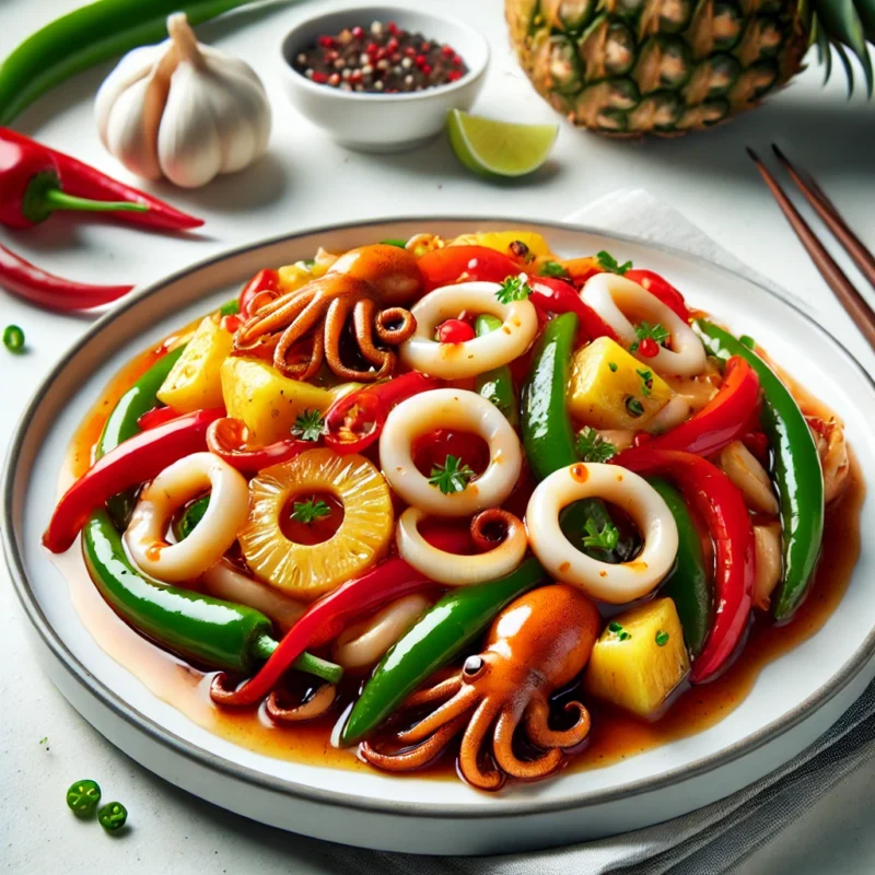 Hướng dẫn cách làm mực xào chua ngọt hấp dẫn 4 DALL·E 2024 10 08 10.52.48 A detailed image of stir fried squid with sweet and sour sauce presented on a white plate. The dish should include tender squid rings vibrant red an