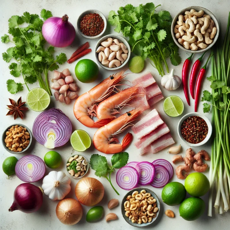 Chiêu đãi cả nhà với món gỏi củ hủ dừa tôm thịt đậm vị miền Tây 2 DALL·E 2024 10 13 14.30.50 A collection of fresh ingredients including shrimp pork belly onion purple shallots cilantro Vietnamese coriander rau ram calamansi tac gar