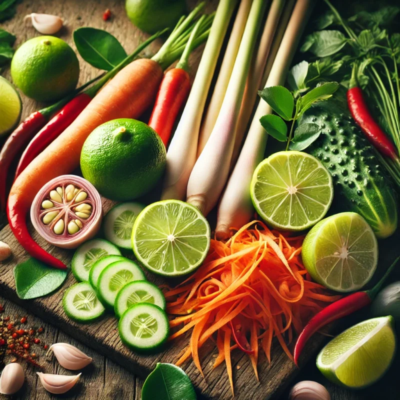 Cách làm gỏi mực Thái Lan chua chua cay cay cực dễ 2 DALL·E 2024 10 26 15.28.38 A high quality vibrant close up image displaying fresh Thai cooking ingredients lemongrass sliced into thin rings lime cut in half showing juicy