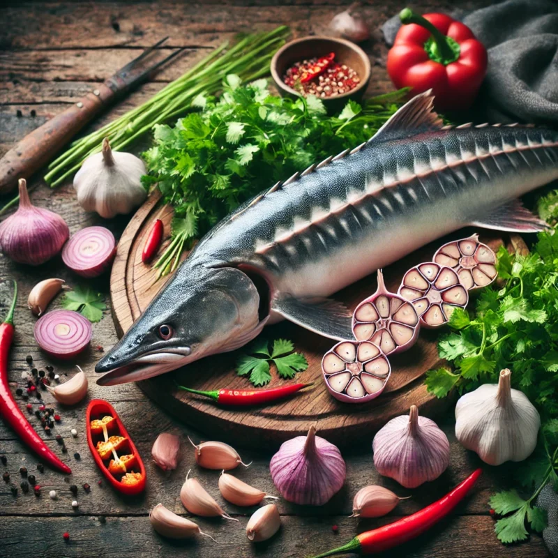 Cách làm Cá Tầm Nướng Muối Ớt Thơm Ngon 2 DALL·E 2024 10 26 16.06.55 A detailed arrangement of ingredients for a grilled sturgeon fish dish including a whole sturgeon fish garlic cloves red shallots cilantro red ch