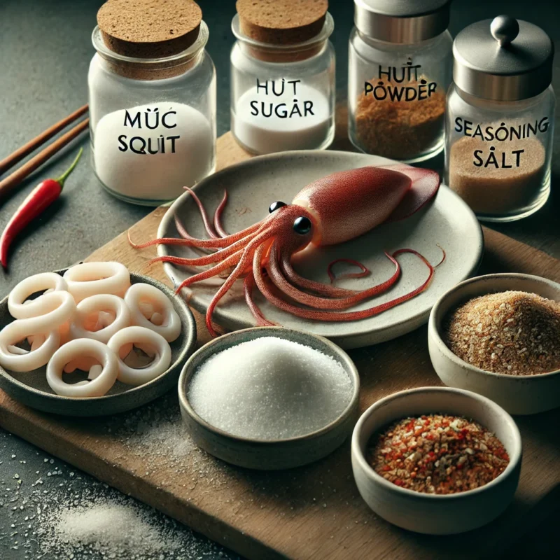 Cách làm mực chiên giòn 2 DALL·E 2024 10 27 10.54.13 A detailed close up arrangement of ingredients on a kitchen counter fresh squid muc ong displayed on a plate a bowl of coarse salt granulated su