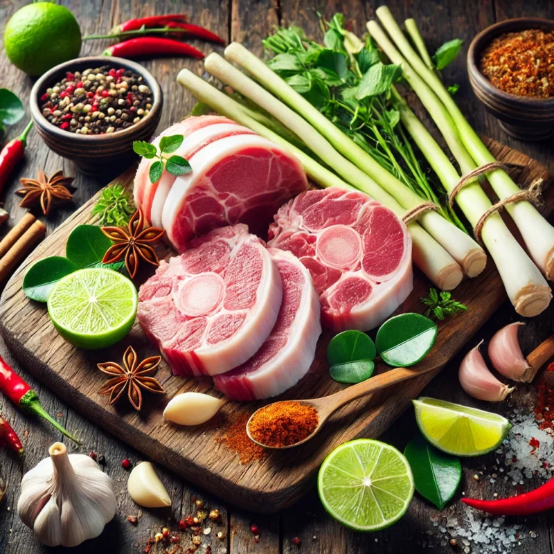 Cách nấu bún bò Huế chuẩn vị, đơn giản cực thơm ngon tại nhà 2 DALL·E 2024 10 28 08.42.59 A close up image of fresh pork cuts including slices of pork shank and pork knuckle placed on a wooden chopping board with vibrant herbs and spices