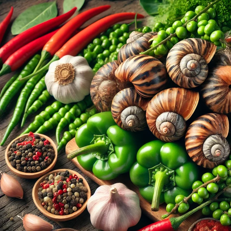 Cách làm ốc nướng tiêu xanh thơm ngon 2 DALL·E 2024 10 30 07.54.51 A vibrant close up image of fresh ingredients for making grilled snails with green pepper seasoning. The image includes raw snails fresh green peppe